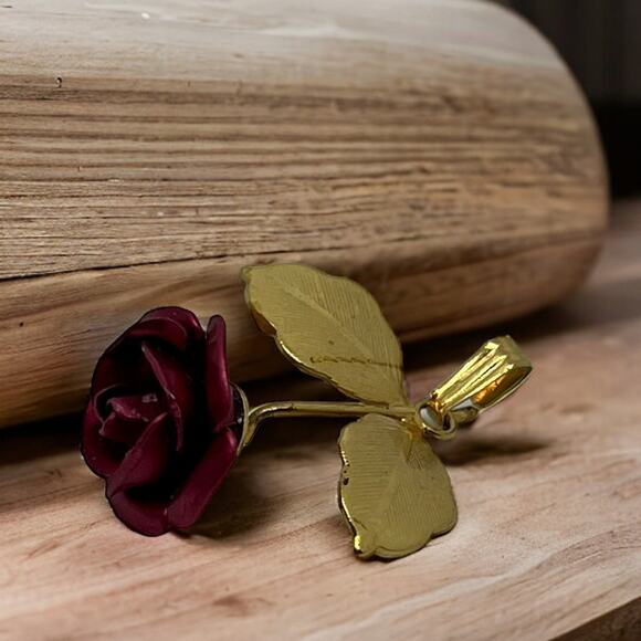 Deep Red Rose Gold Leaf Pendant - Romantic Floral Jewelry Burgundy Metal Flower - Picture 1 of 7